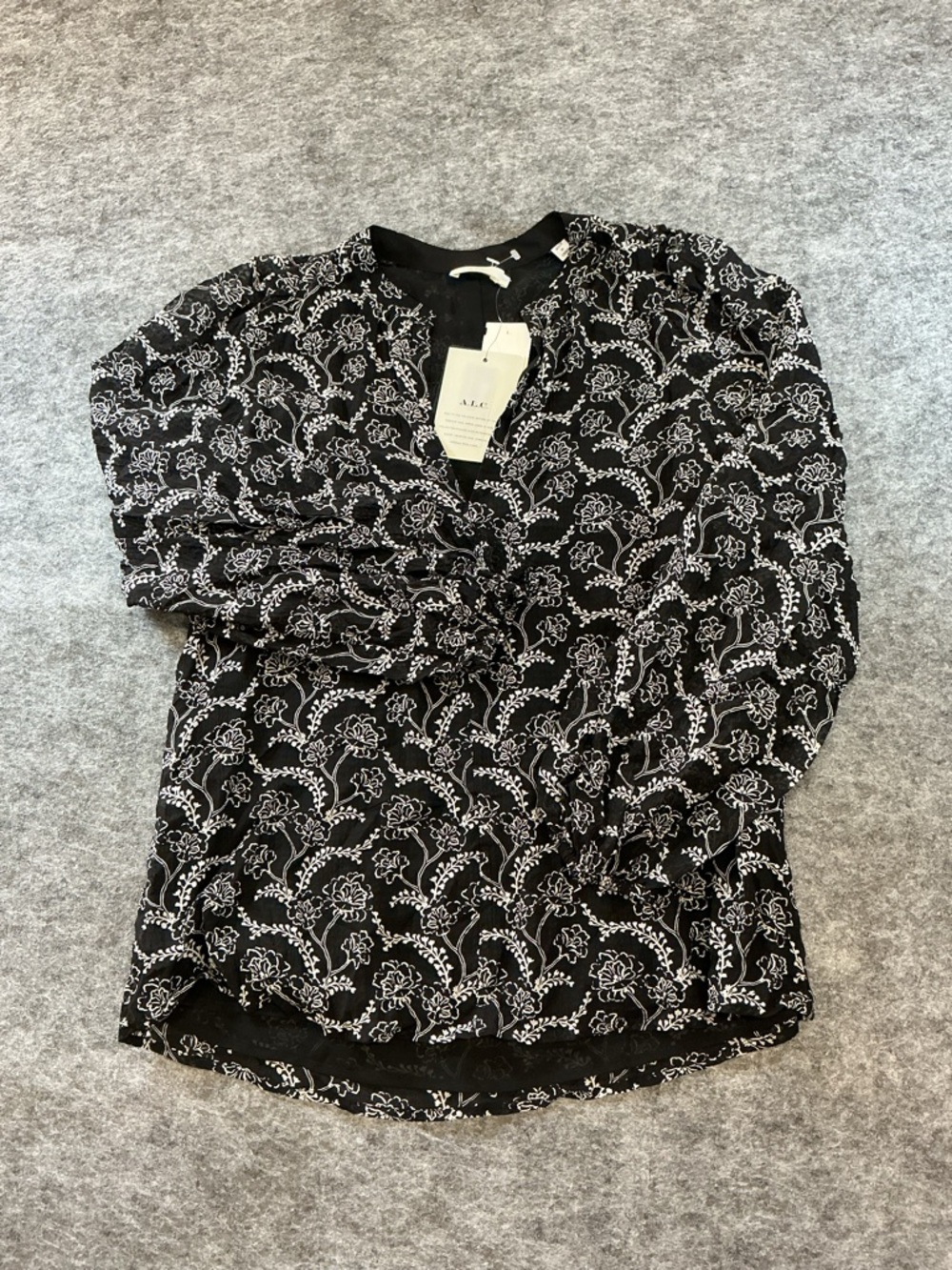 ALC Black Mad White Floral Double Lined Sheer Blouse A24
